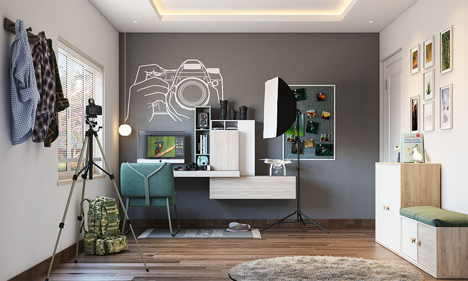 Simple home office in the corner with subtle wall zoning and a compact desk setup.