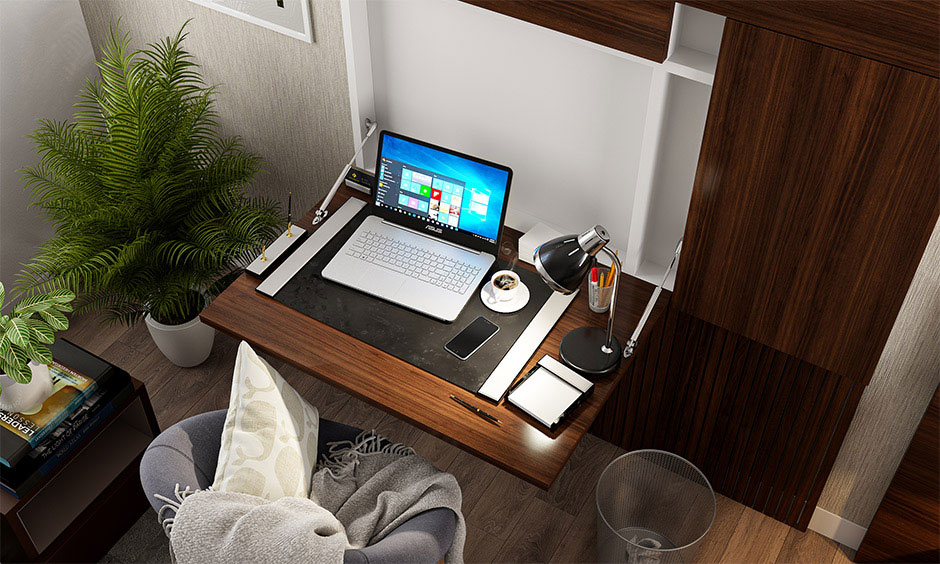 Minimalist small home office featuring a floating desk and slim chair for a breathable, open feel.