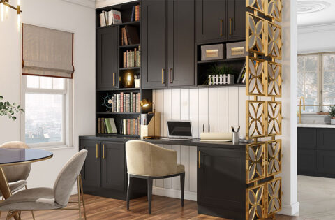 Minimalist home office design with wooden flooring, clean furniture, and natural light.