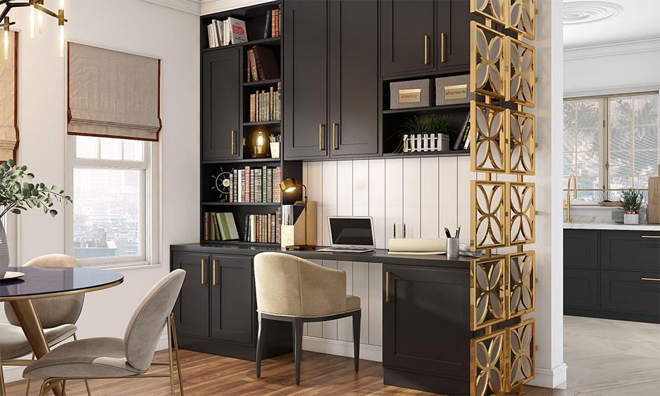 Minimalist home office design with wooden flooring, clean furniture, and natural light.