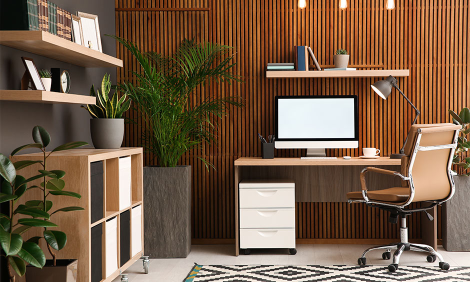 Inviting minimalist workspace enhanced with a vibrant indoor plant for a refreshing touch.