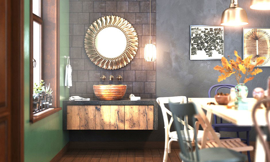Rustic modern wash basin with cabinet design, featuring a stone bowl and dark granite countertop.