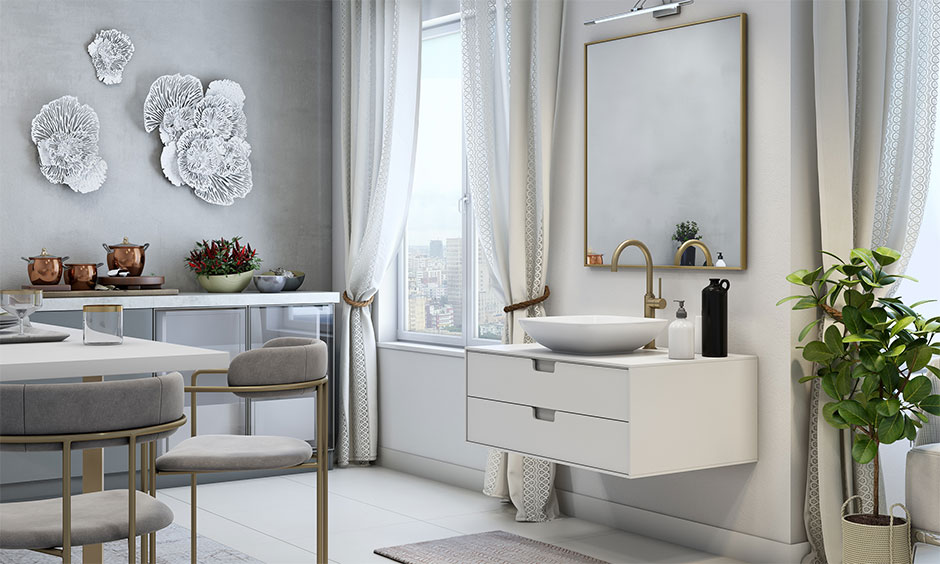 Modern wash basin with cabinet design, providing stylish storage and minimalist aesthetics.