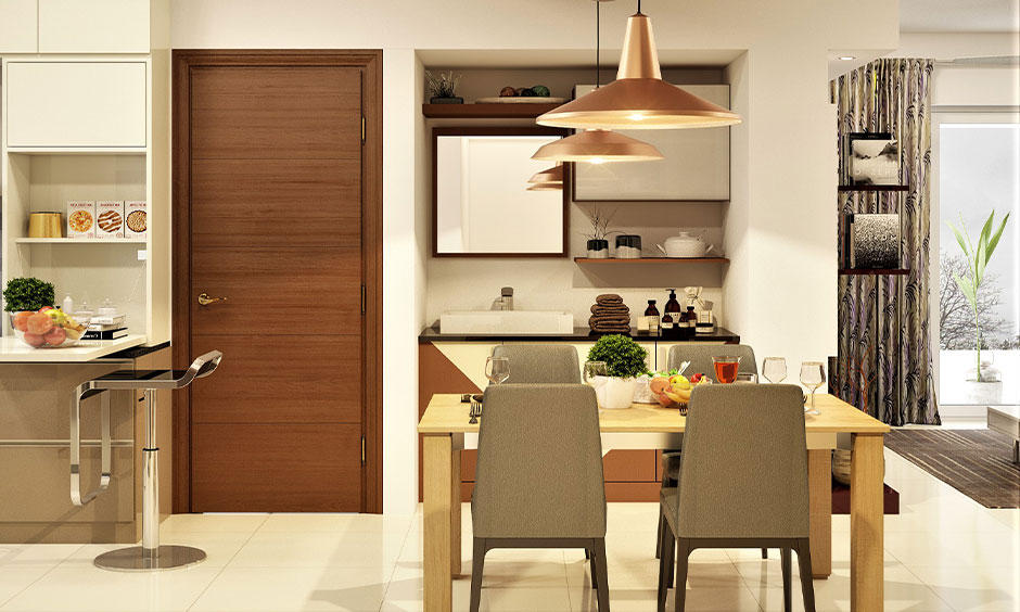 Modern wash basin design with a two-toned vanity and floating shelf for practical hall storage.