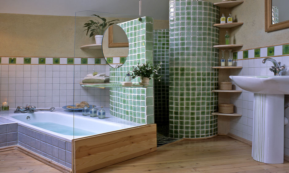 Bathroom corner wall shelf installed near mirror for easy access to toiletries in compact spaces.