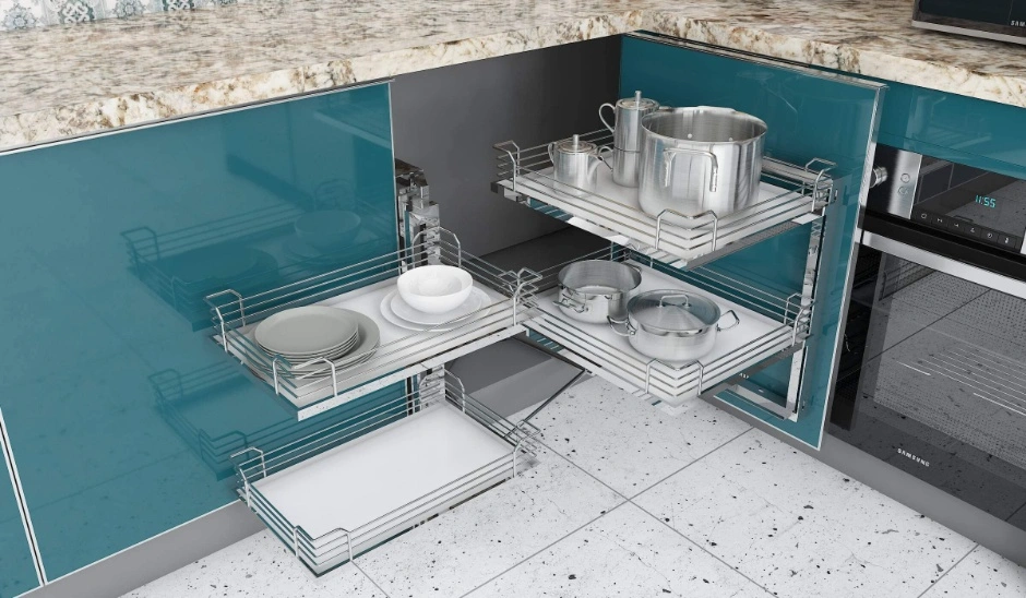 Modular kitchen cabinets combine base, wall, tall and corner units for organised storage.