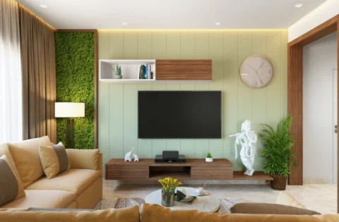 Modern hall with a neutral sofa, wooden TV unit, pale walls and warm recessed lighting.