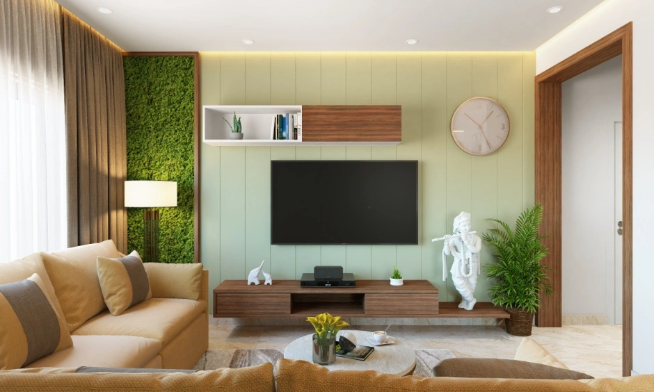 Modern hall with a neutral sofa, wooden TV unit, pale walls and warm recessed lighting.