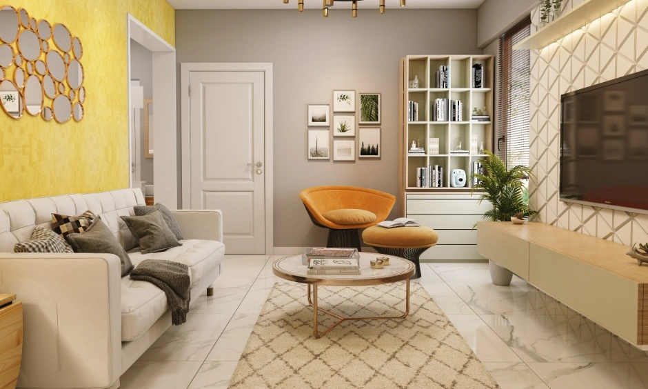 Hall with a yellow-toned accent wall, white seating, indoor plants and a wall-mounted television.