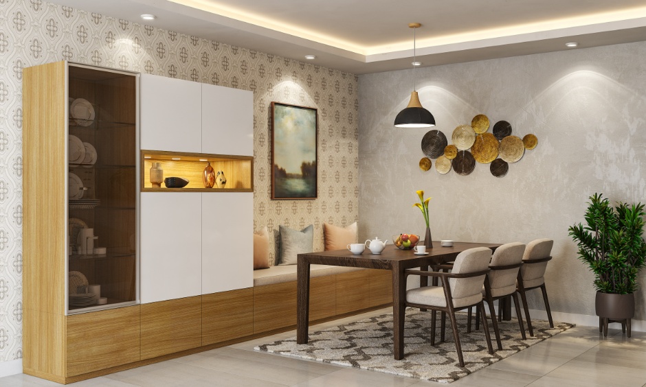 Elegant dining room showcasing dining room lighting trends with warm pendant and ambient lights.