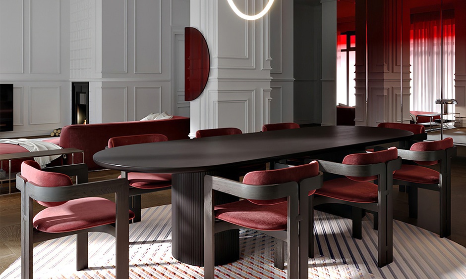 Earthy hues and warm neutrals reflecting dining room colour trends for an inviting, cosy space.