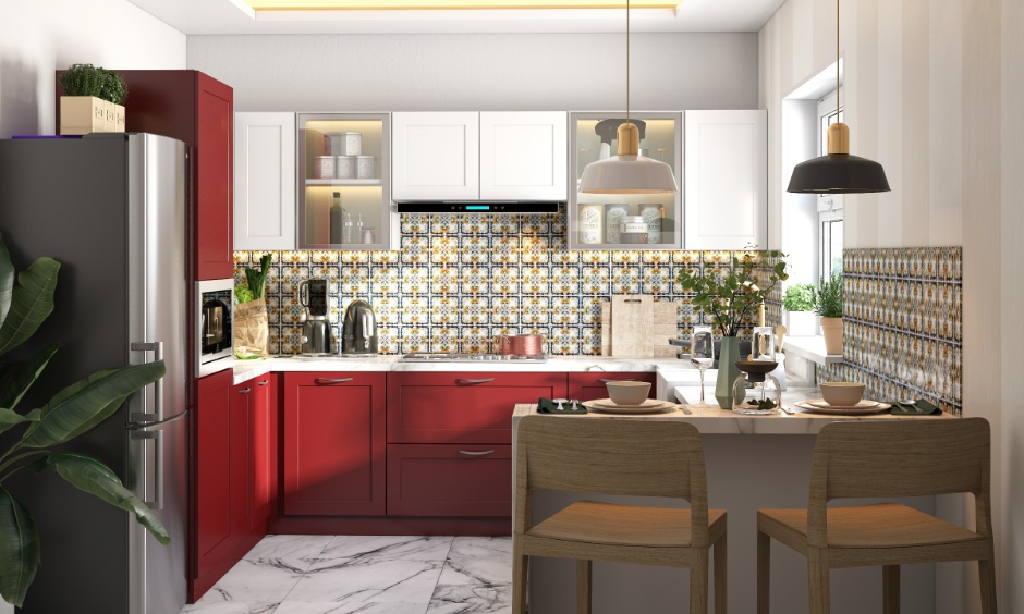 Muted red kitchen cabinets reflect current colour trends with elegant white accents.