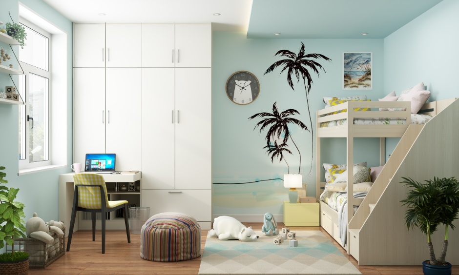 Kids' room designed with eco-friendly materials, reflecting a sustainable design trend for 2026.