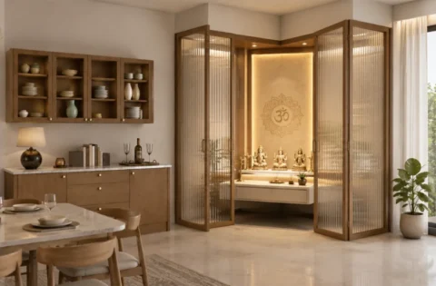 Wooden mandir designs with fluted glass folding doors create a private pooja corner beside a dining area.