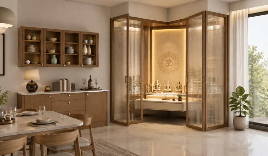 Wooden mandir designs with fluted glass folding doors create a private pooja corner beside a dining area.