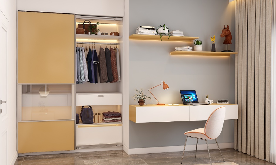 Minimalist bedroom with a storage bed and woven baskets to hide clutter in a small, tidy space.