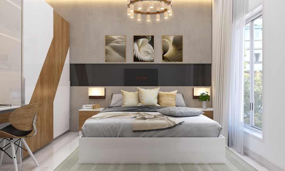 Scandinavian minimalist bedroom with a statement lamp and fairy lights for a warm, cosy glow.