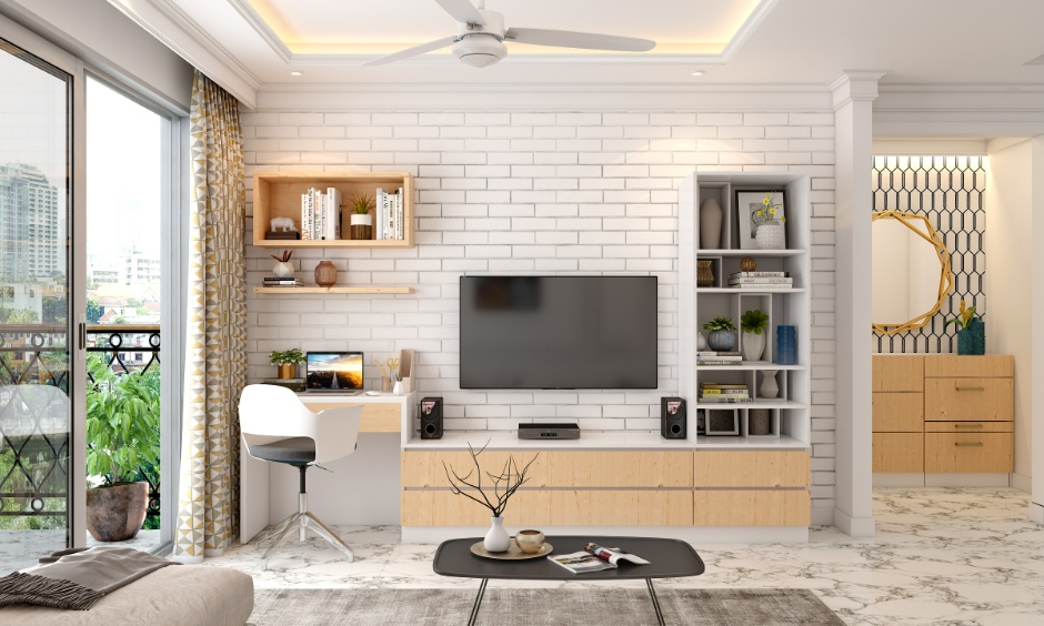 Neutral-toned TV unit light features adjustable RGB strips for versatile colour options.