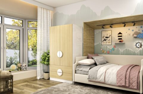 Modern kids bedroom with compact wardrobe design, interior lighting, study desk, and smart storage for organized living