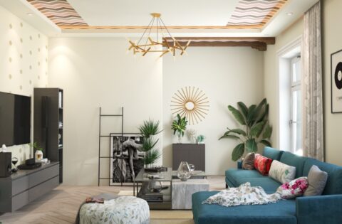 Modern living room with nature-inspired false ceiling design, wooden beams and warm ambient lighting