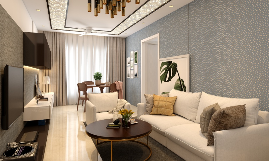 False ceiling design featuring patterned panels, metallic trims and warm accent lighting.