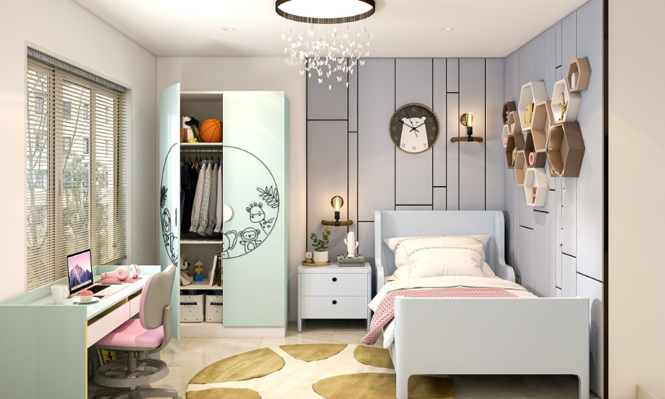Theme-based kids wardrobe design with cartoon print doors and child-friendly storage layout