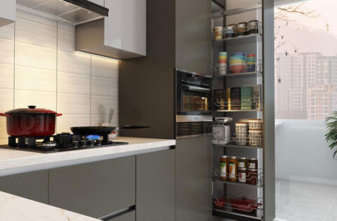 Pull-out kitchen pantry unit with tall vertical storage, wire racks and neatly organised jars