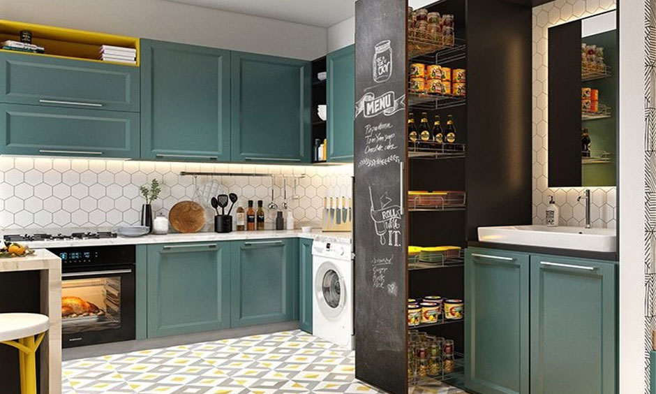 Tall pull-out kitchen pantry unit with slim vertical storage, wire shelves and integrated cabinet lighting