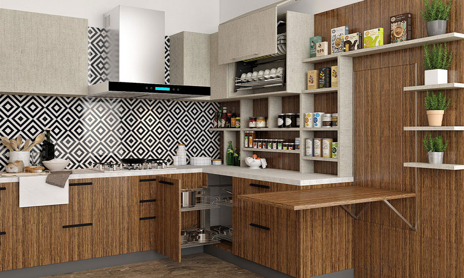 Pull-out kitchen pantry unit with open cubby shelves, wood finish and organised storage for daily use
