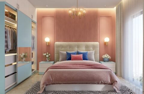 Bedroom wall colour combination in soft peach and blush tones creating a calm and elegant sleeping space