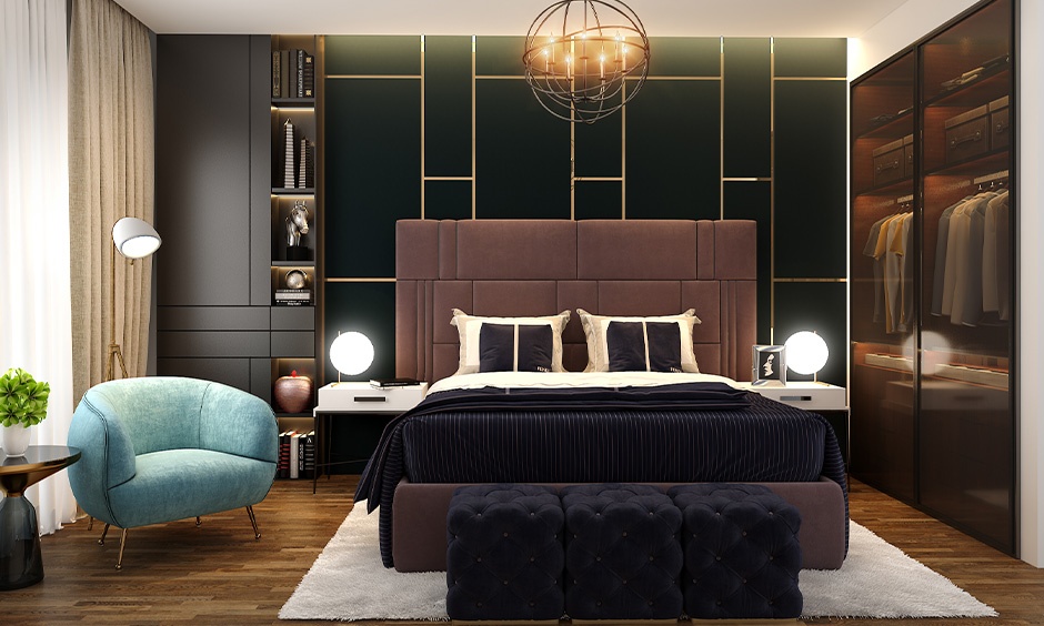 Popular bedroom wall colour combination using emerald green and dark accents for a rich, luxurious look