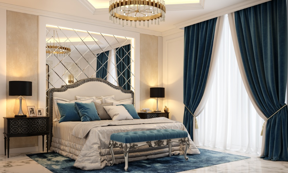 Trending bedroom wall colour combination of neutral cream walls with teal accents for modern contrast