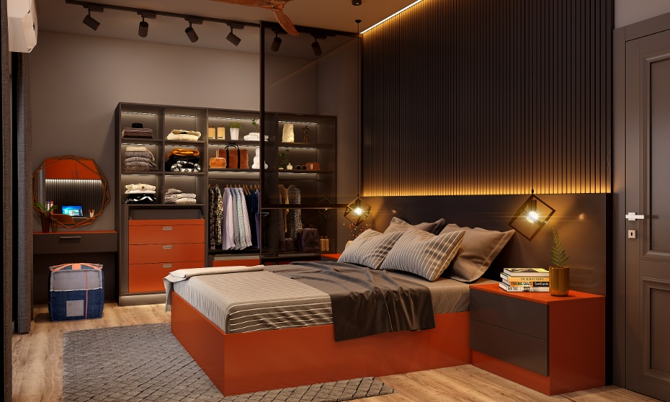 Two colour bedroom wall combination in charcoal grey with warm lighting for a cosy and balanced feel