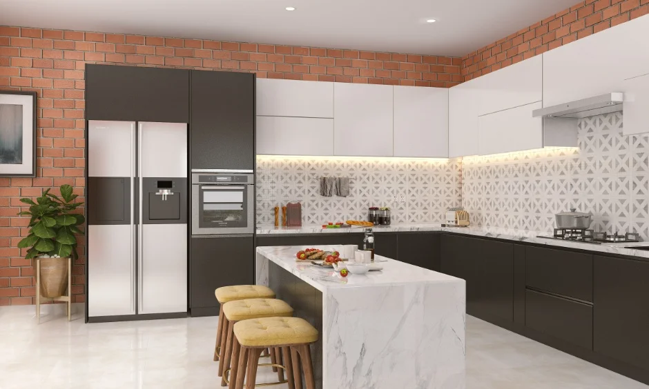 An off-white modular kitchen combines white cabinets with warm wood accents and a dark worktop.