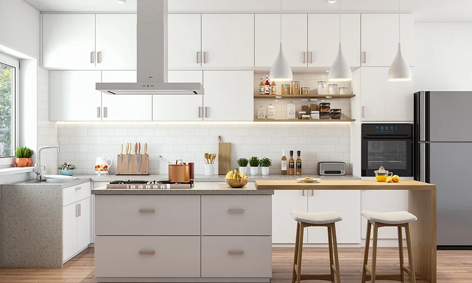Under-cabinet lighting illuminates the white worktop and cabinetry in this modern kitchen.