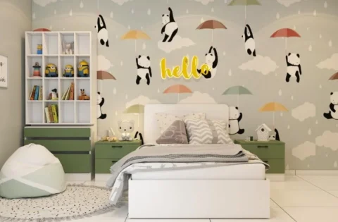 A play zone is carved from a bedroom corner with low, child-accessible storage.
