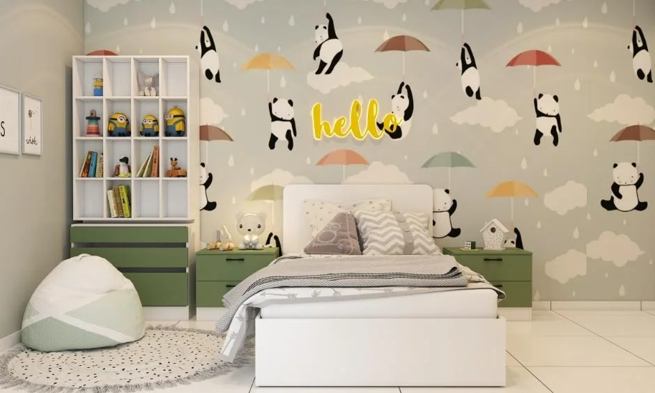 A play zone is carved from a bedroom corner with low, child-accessible storage.