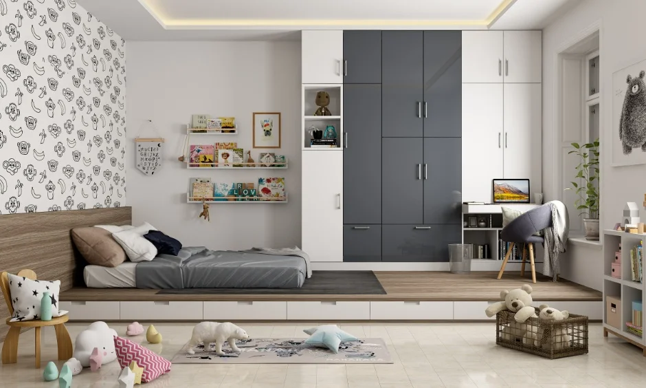 Low plinth drawers keep toys and essentials within easy reach for children.