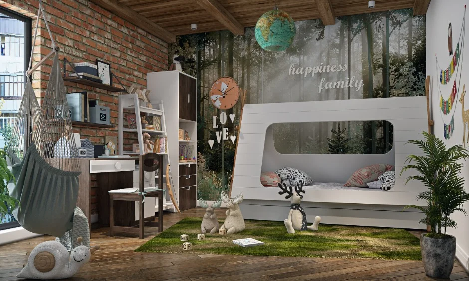 A rug defines a play zone in a bedroom corner without needing a separate room.