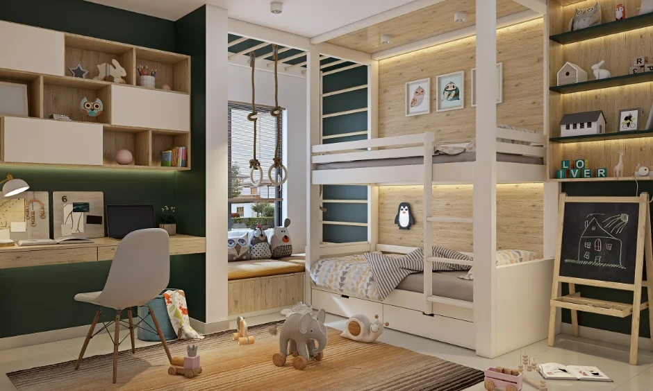 Tall storage units are securely anchored to the wall for a safer play space.