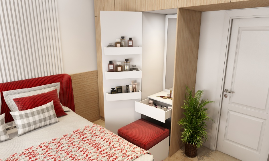 A modular wardrobe with a built-in vanity unit and a seating stool, showing a customisable space-saving furniture idea for bedrooms.