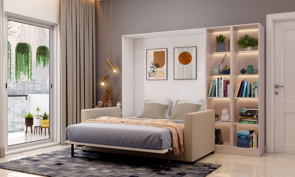A modern room with a space-saving Murphy bed furniture that folds over a sofa, featuring a built-in bookshelf and a clean layout