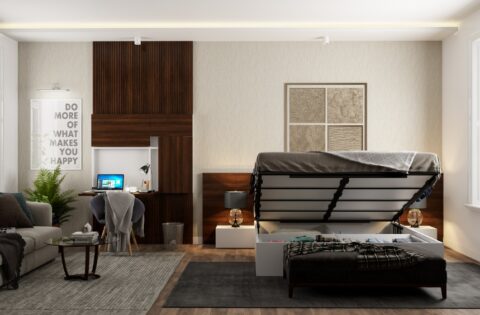 A contemporary bedroom featuring sleek wooden finishes, highlighting modern space-saving furniture trends for 2026.