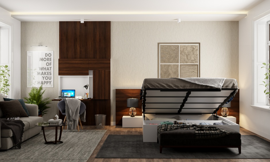 A contemporary bedroom featuring sleek wooden finishes, highlighting modern space-saving furniture trends for 2026.