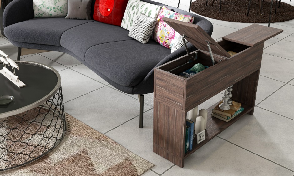 A compact space-saving wooden storage furniture unit with hidden top compartments and open shelves