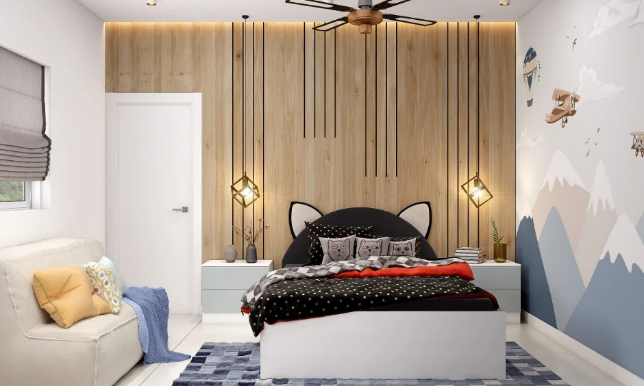 The play zone is planned alongside storage and open floor space within the room.