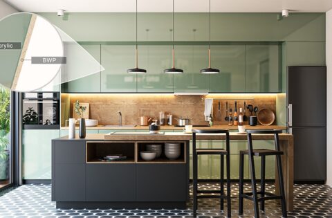 Modern modular kitchen with sage green acrylic sheet for kitchen cabinets on BWP board and matte island unit
