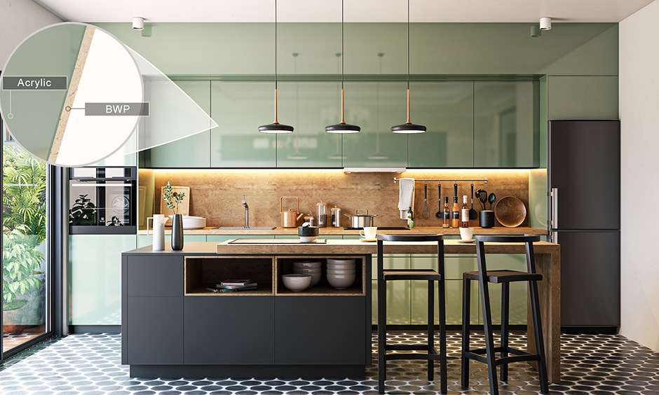 Modern modular kitchen with sage green acrylic sheet for kitchen cabinets on BWP board and matte island unit