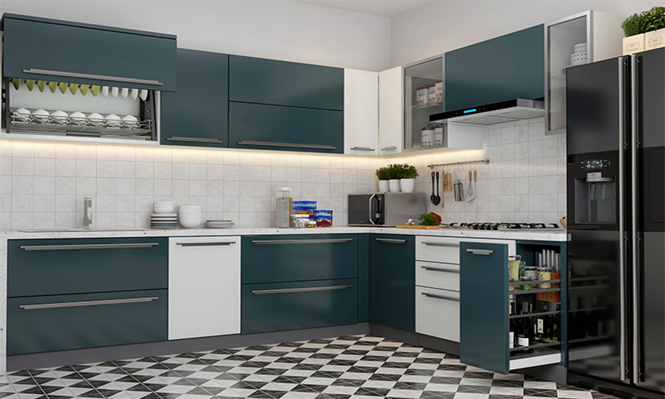 Blue and white modular kitchen using acrylic sheet for kitchen cabinets with glossy contemporary design