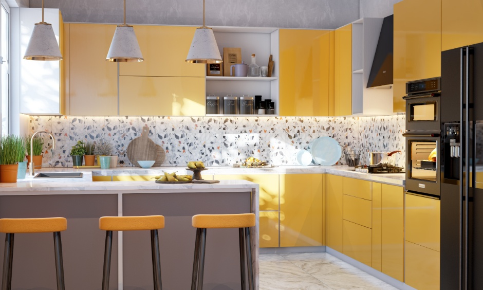 Mustard yellow acrylic sheet for kitchen cabinets showcasing bold colour and glossy modern finish